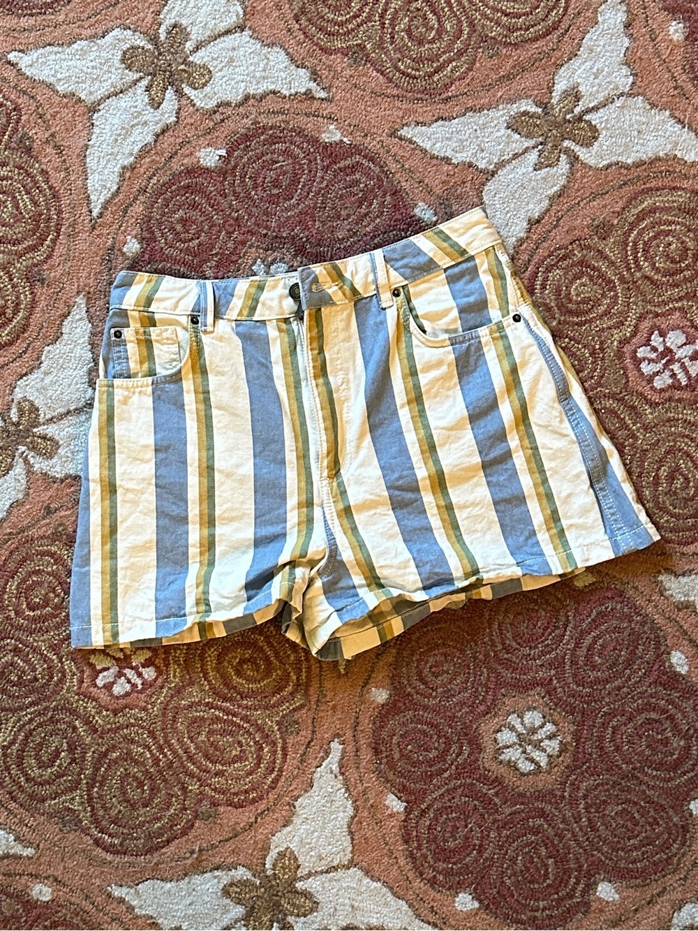Sezane Vertical Stripe High-Waist Cotton Shorts in Blue, Yellow & Cream